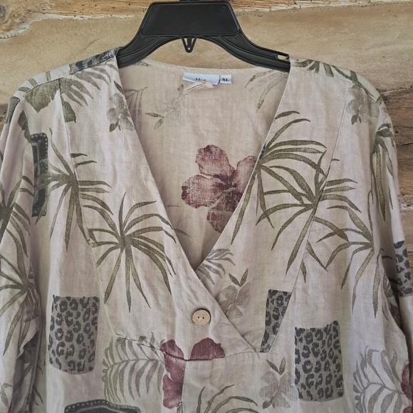 Hot Cotton Tan V Neck Oversized Tropical Print Linen Tunic Size XL - Picture 2 of 8
